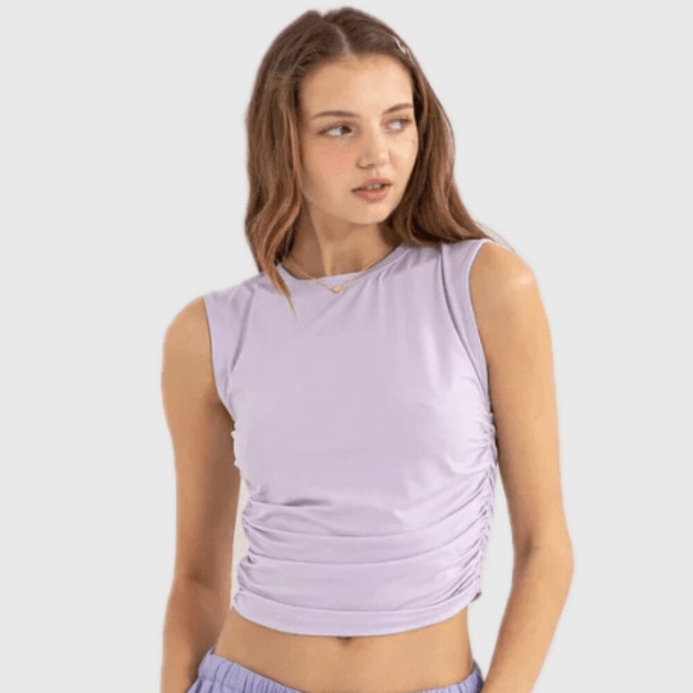 Crewneck Fitted Ruched Sides Sleeveless Summer Knit T- Shirt - Color Lavender